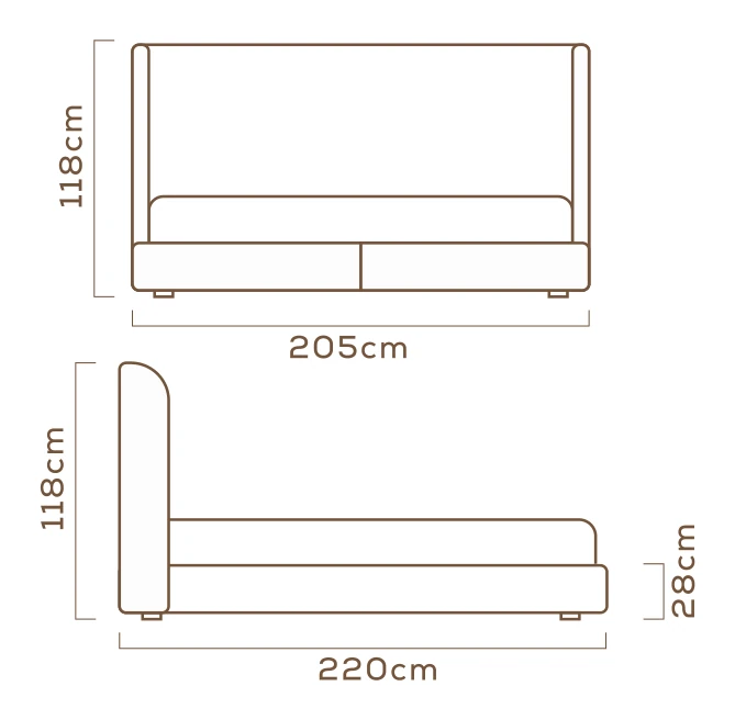 Desenho técnico com medidas da Cama Delta, tamanho king