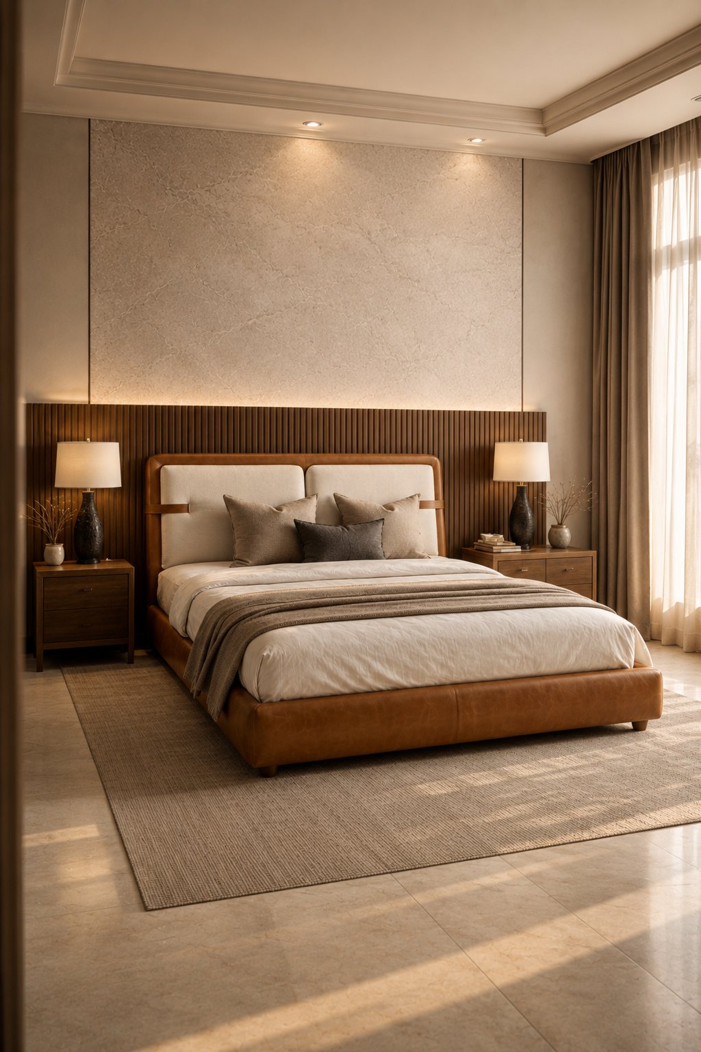 Upholstered bed with caramel leather-look base and fabric headboard by Sheep & Sleep
