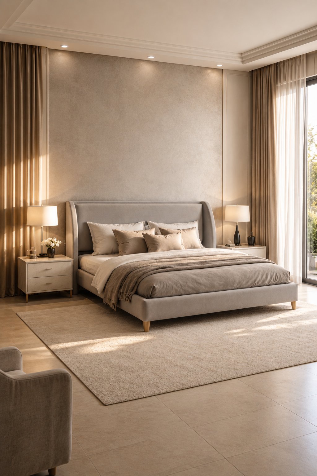 Hotel-style bedroom with a tall upholstered headboard, handcrafted by Sheep & Sleep