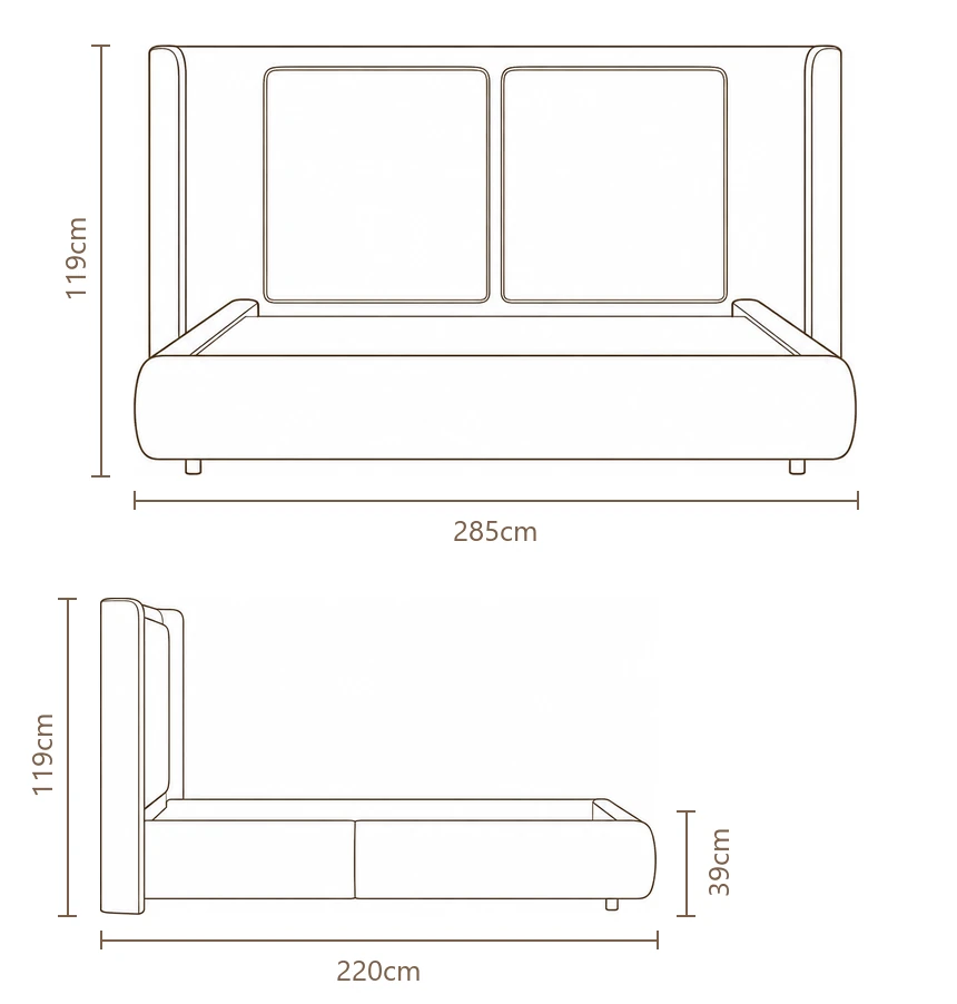 Desenho técnico com medidas da Cama Luma, tamanho king