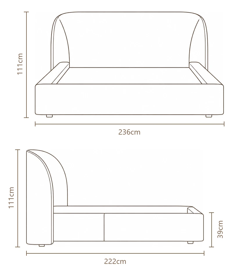 Desenho técnico com medidas da Cama Serena, tamanho king