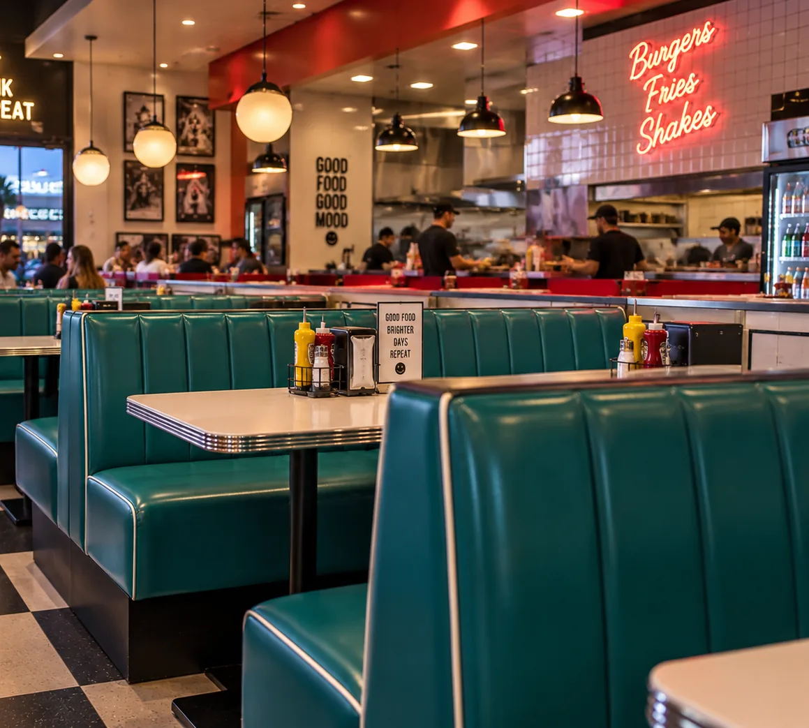Double-sided teal diner booths with white laminate tables