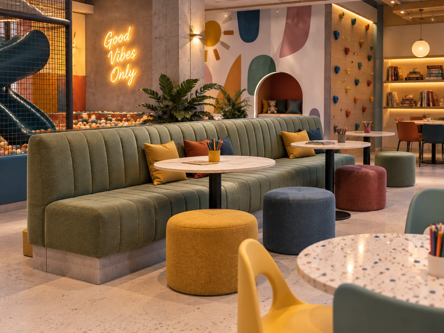 Long green channel-back banquette with round tables and upholstered stools in a family café