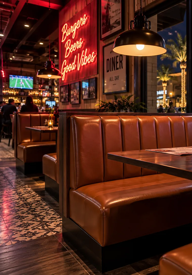 Cognac leather channel-back booths with dark wood caps in a diner-style restaurant