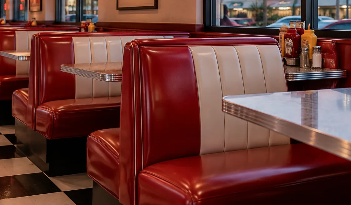 Retro diner booths in red and cream vinyl with chrome-edged tables
