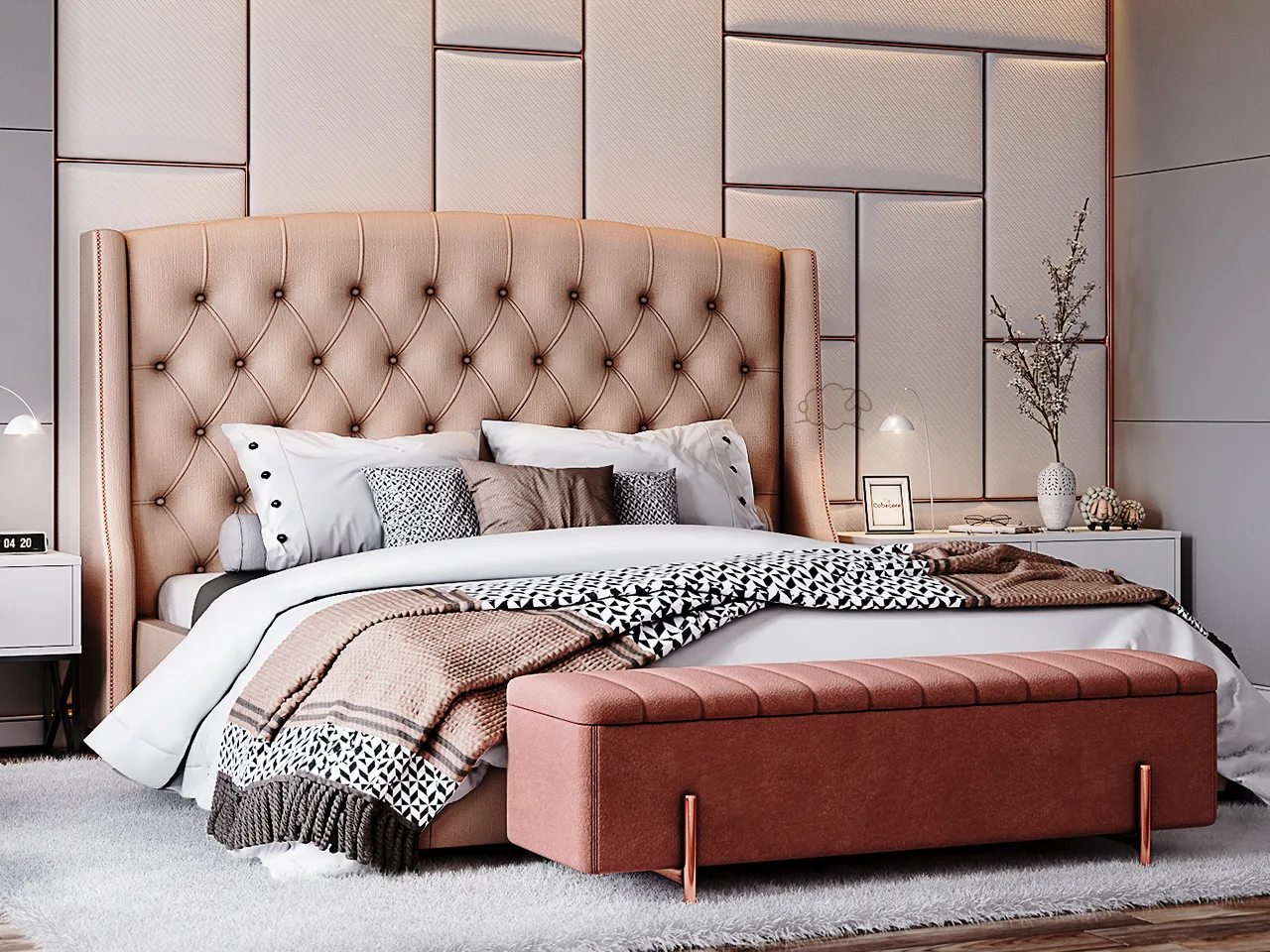 Wingback bed with diamond-tufted headboard in a beige bedroom